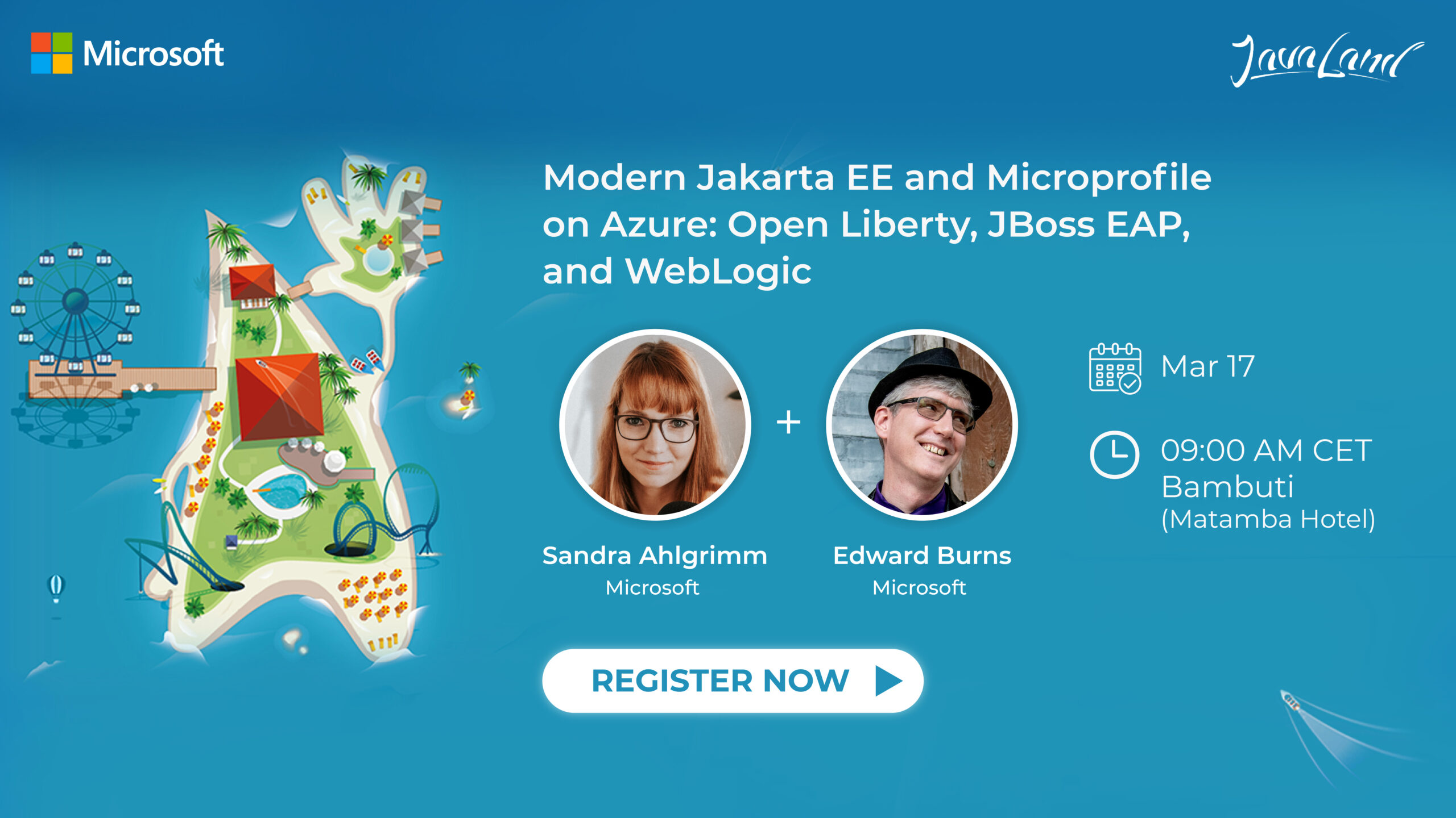Advertising banner for JavaLand conference: Modern Jakarta EE and Microprofile on Azure; speakers Sandra Ahlgrimm and Edward Burns; Mar 17 at Bambuti Hotel; Register Now CTA.