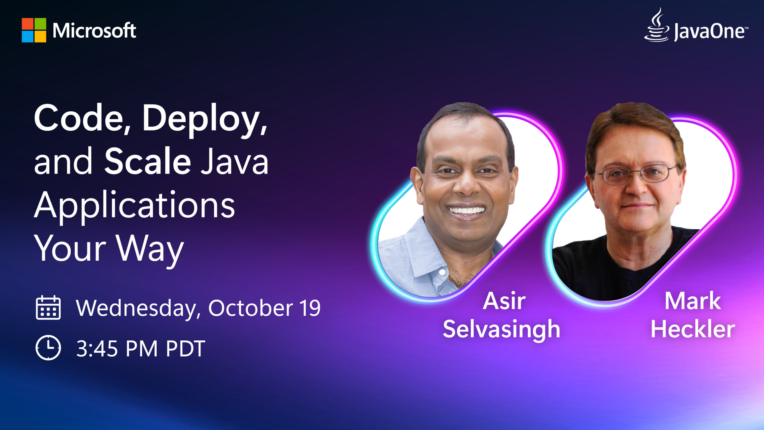 Event banner promoting 'Code, Deploy, and Scale Java Applications Your Way' with Microsoft and JavaOne logos and two speaker photos.