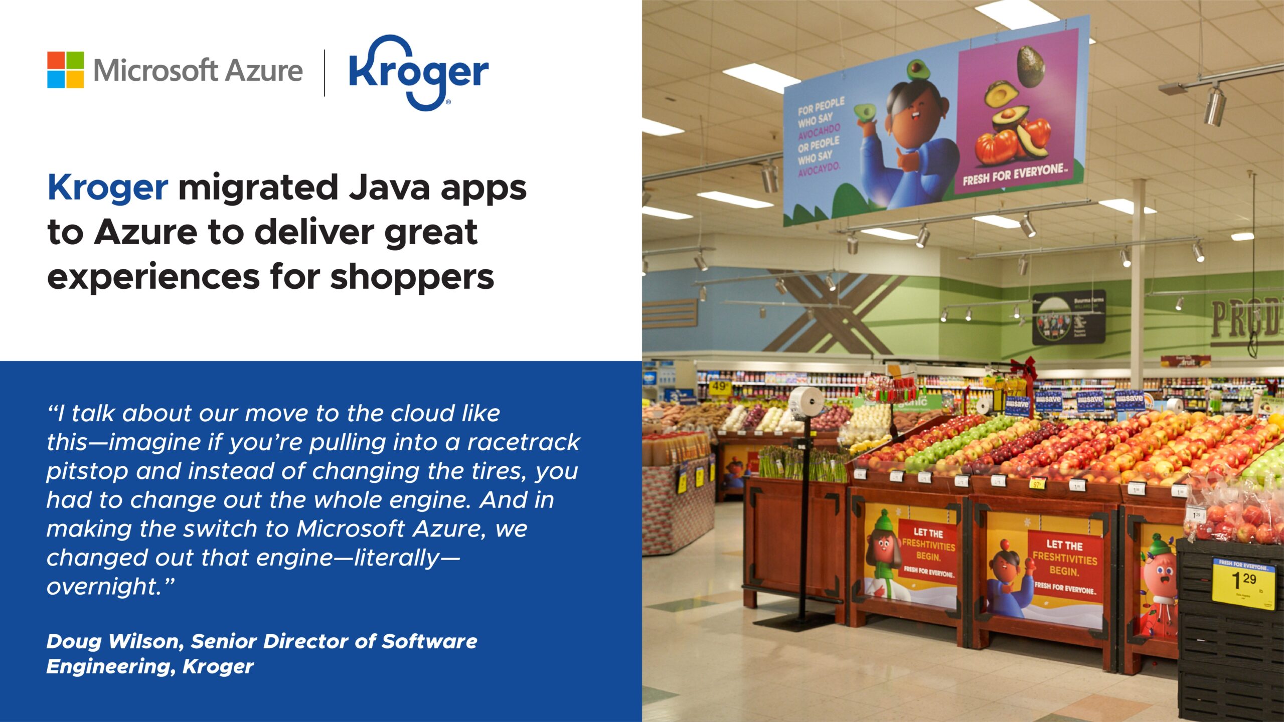 Banner showing Microsoft Azure and Kroger logos with the headline about migrating Java apps to Azure; grocery store interior on the right side.
