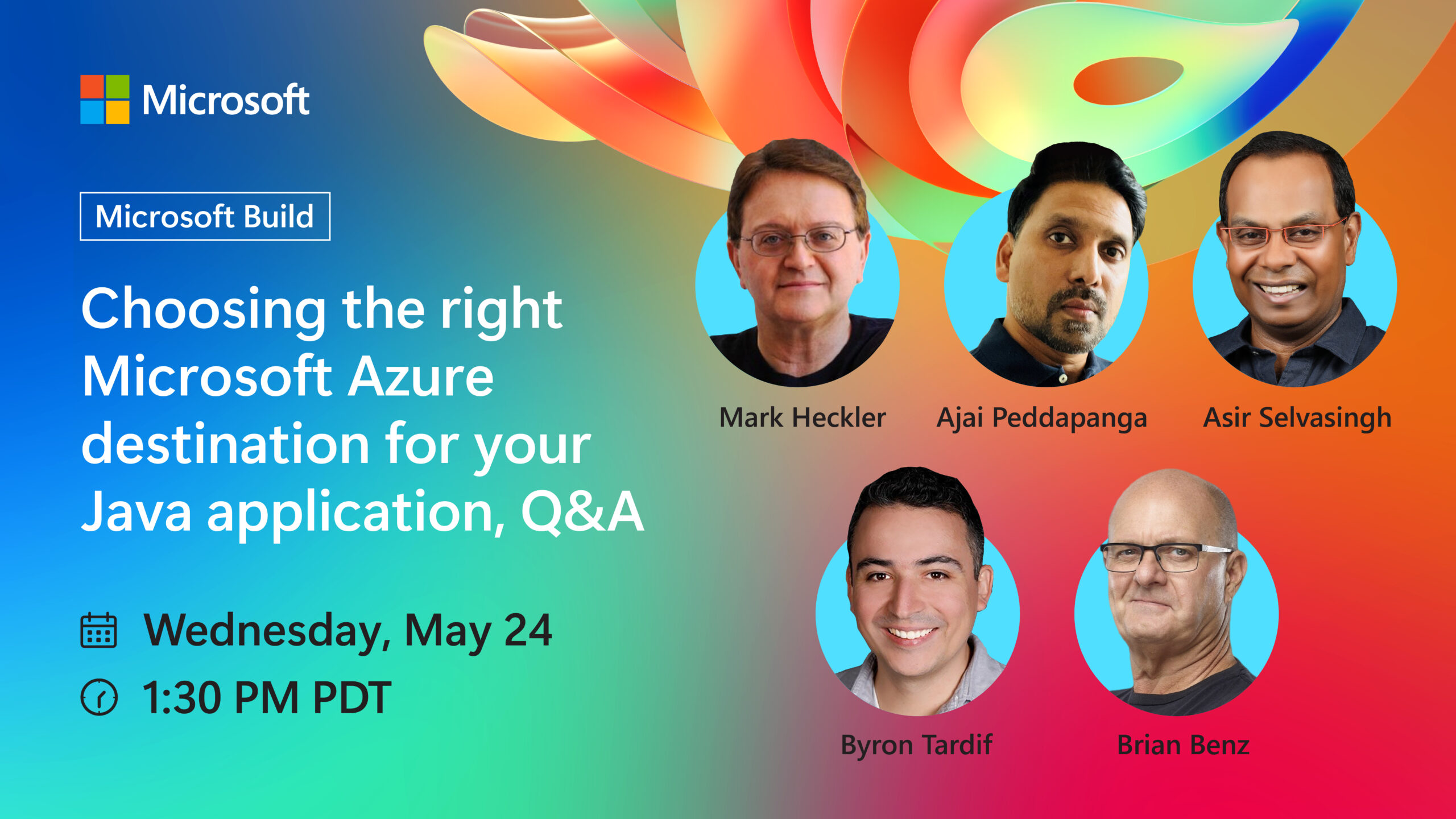 Microsoft Build banner with colorful gradient, logo, and round speaker photos of presenters on a rainbow background.