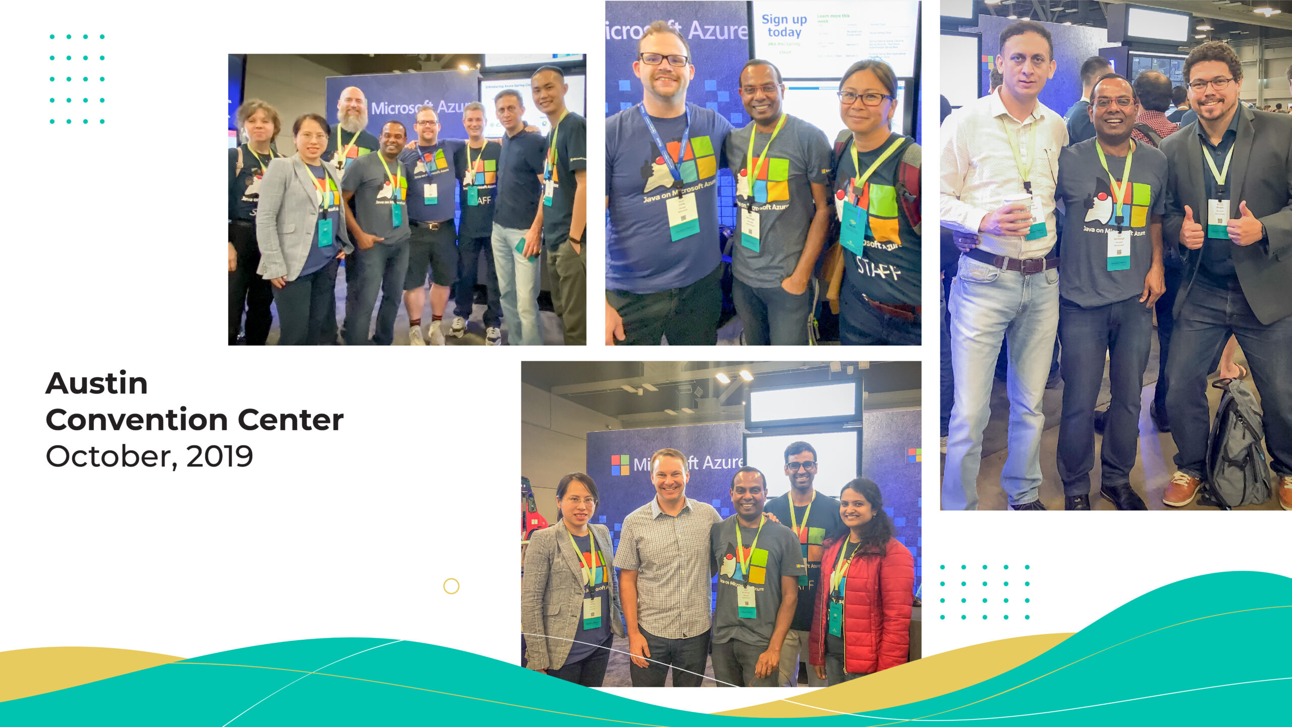 Group of diverse attendees posing for a photo at a Microsoft Azure booth at an Austin conference, October 2019, wearing badges.