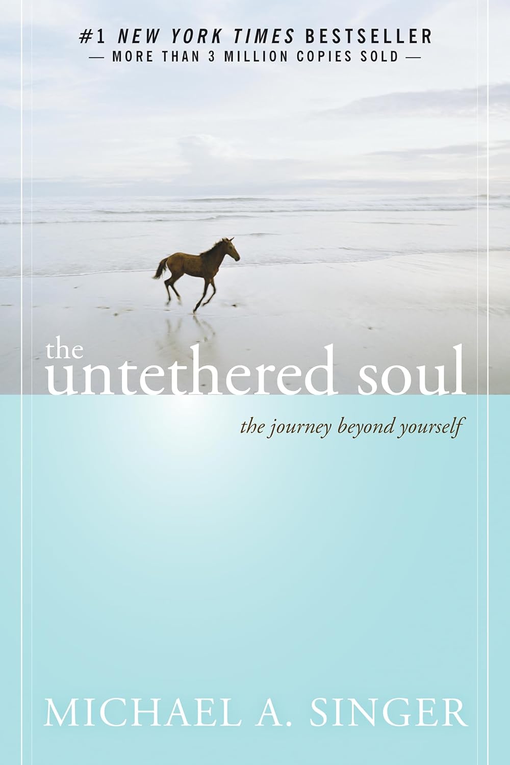 Book cover: a foal running on a misty beach; large white title 'the untethered soul' with subtitle 'the journey beyond yourself' and author 'MICHAEL A. SINGER' at the bottom.