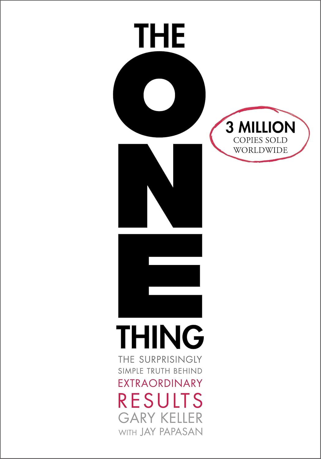 Book cover for 'The One Thing' by Gary Keller and Jay Papasan, with subtitle 'The Surprising Simple Truth Behind Extraordinary Results' and a red stamp stating '3 million copies sold worldwide'