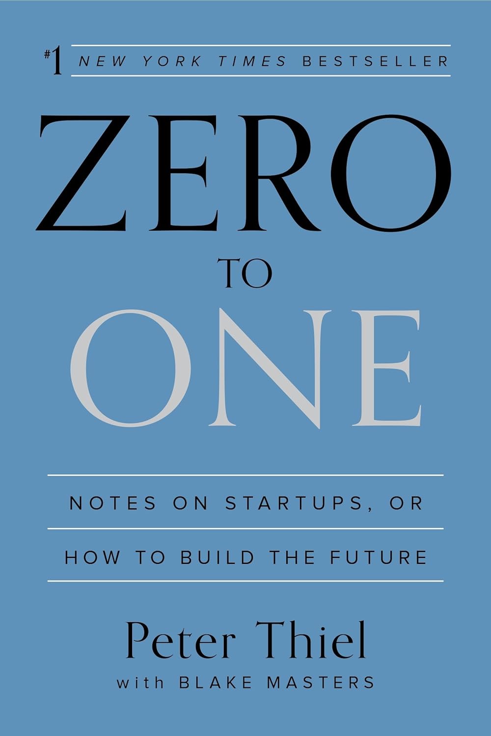 Book cover: Zero to One by Peter Thiel on a blue background with large 'ZERO' and 'ONE' typography.