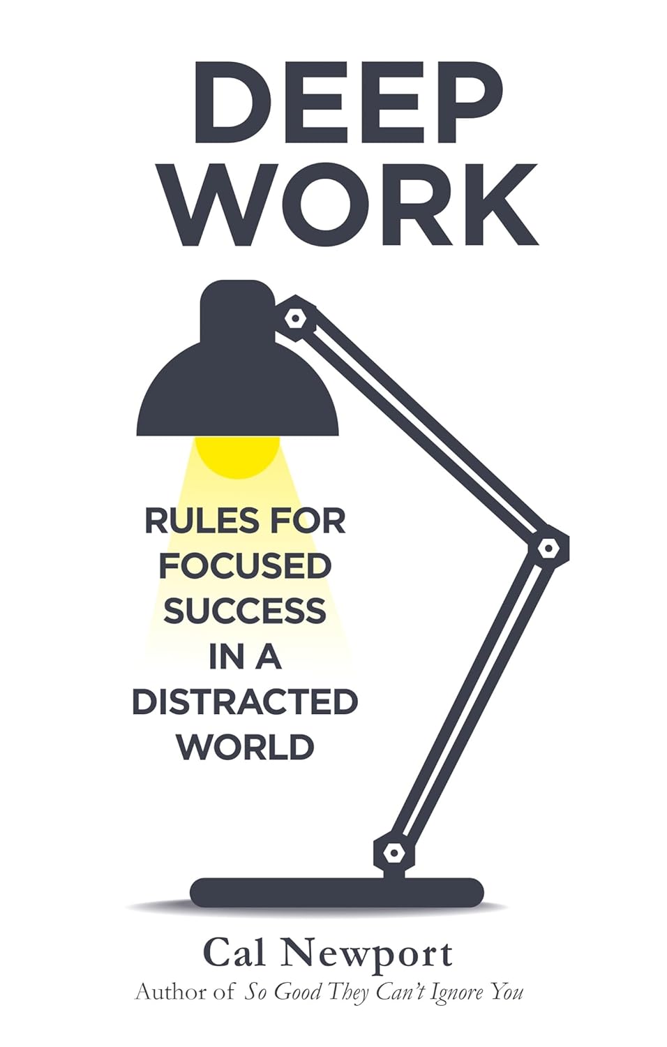 Book cover for Deep Work: Rules for Focused Success in a Distracted World by Cal Newport, featuring a dark desk lamp illustration.
