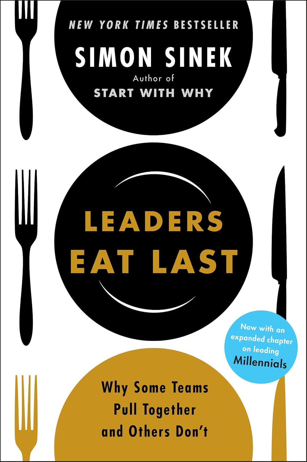 Book cover for Leaders Eat Last by Simon Sinek; black and gold circular plates with cutlery silhouettes surrounding the title and subtitle.