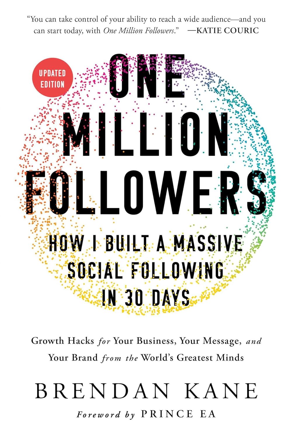 Book cover for 'One Million Followers' by Brendan Kane, featuring a colorful circular dot design and 'Updated Edition' badge at left top edge.