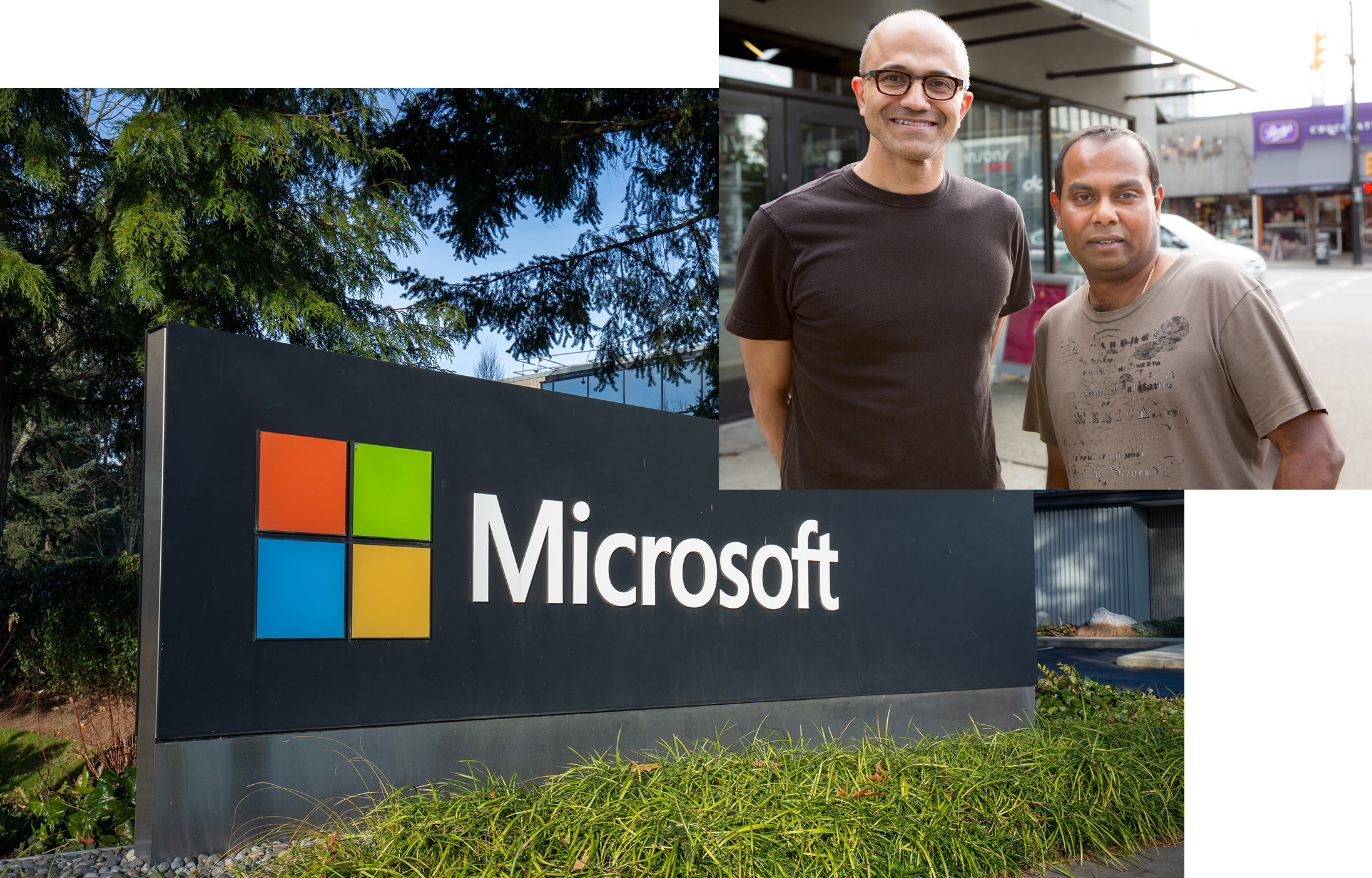 Microsoft sign with a colorful logo in the foreground; two men stand on a sidewalk in the background.