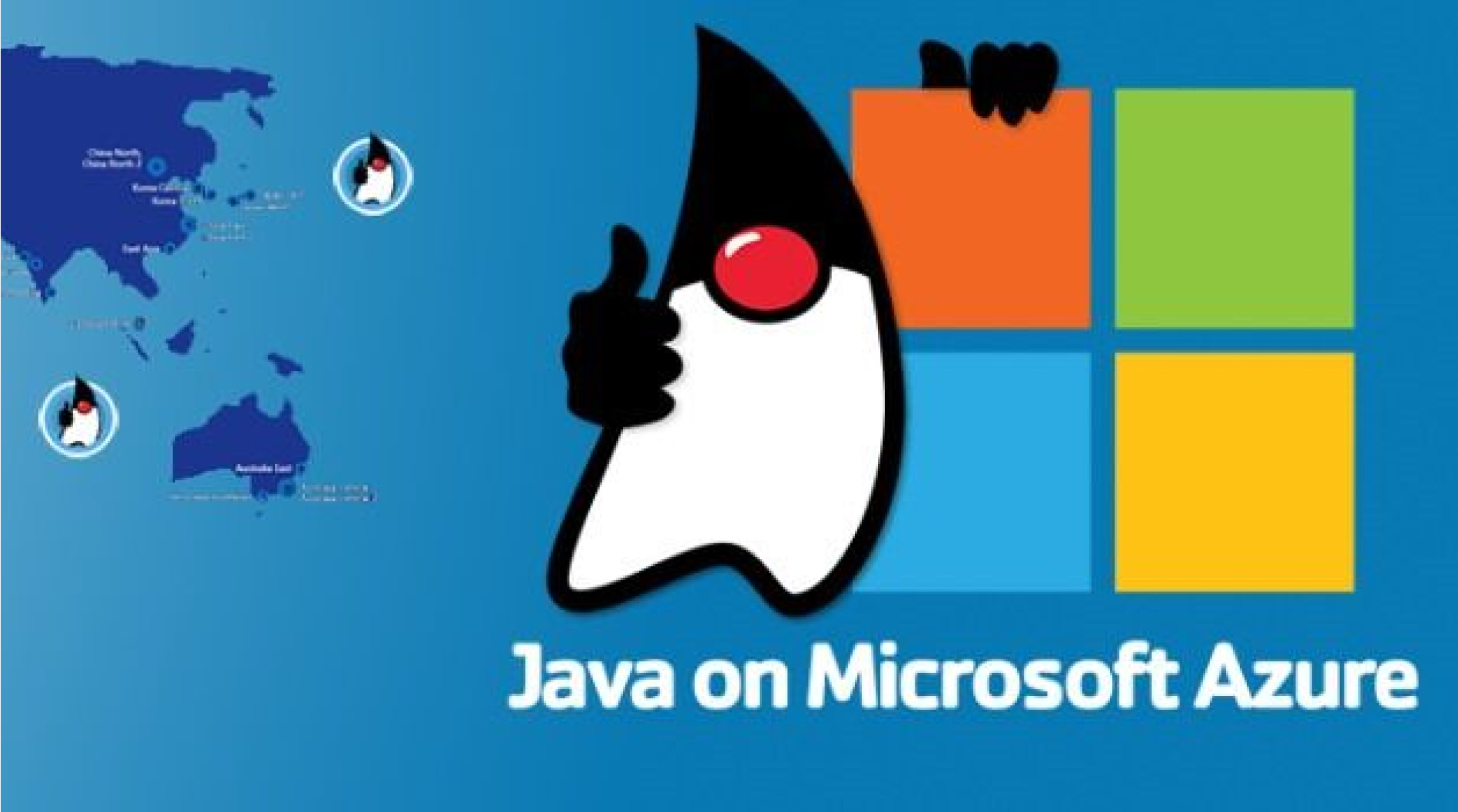 Banner advertising Java on Microsoft Azure with Tux the penguin giving a thumbs up beside Windows-style colored tiles on a blue background.