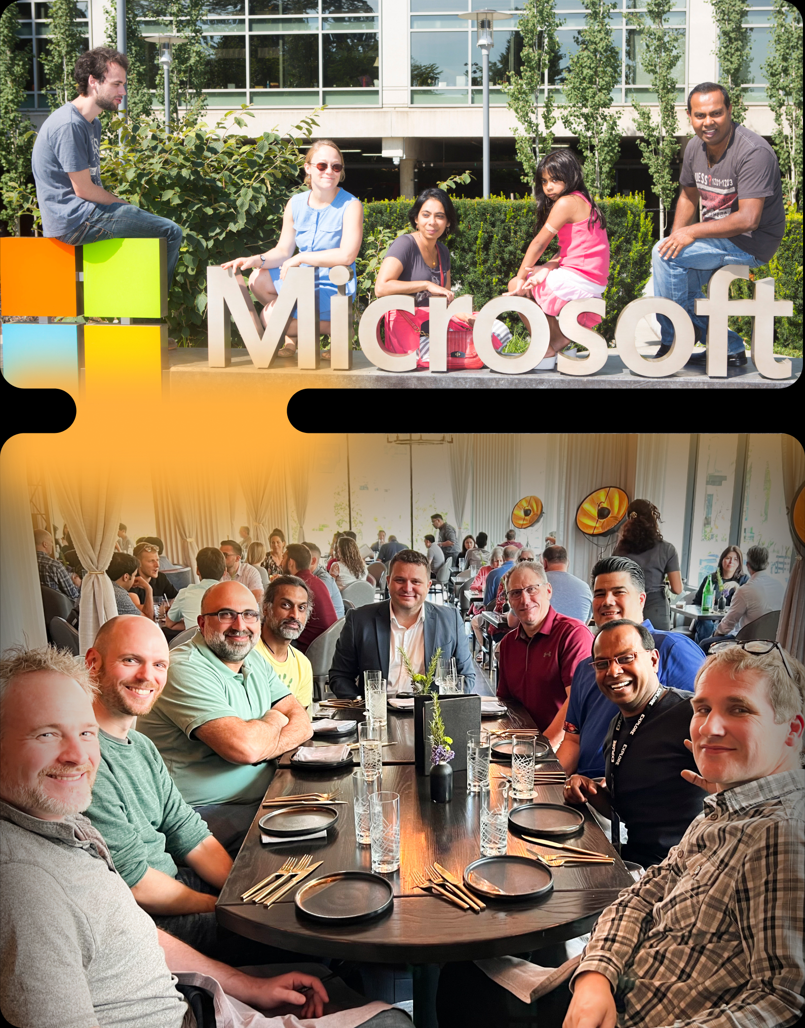 Group of diverse people seated around a long dining table outdoors, smiling at the camera with a large Microsoft sign behind them.