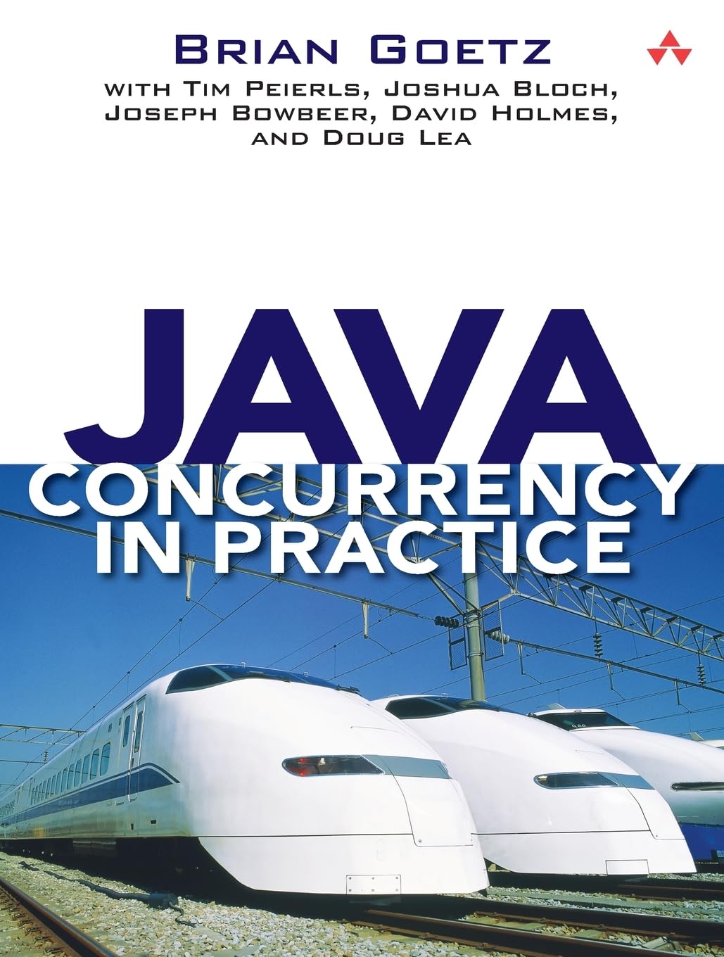 Book cover for 'Java Concurrency in Practice' by Brian Goetz et al., featuring a large blue 'JAVA' and a train photo at the bottom.