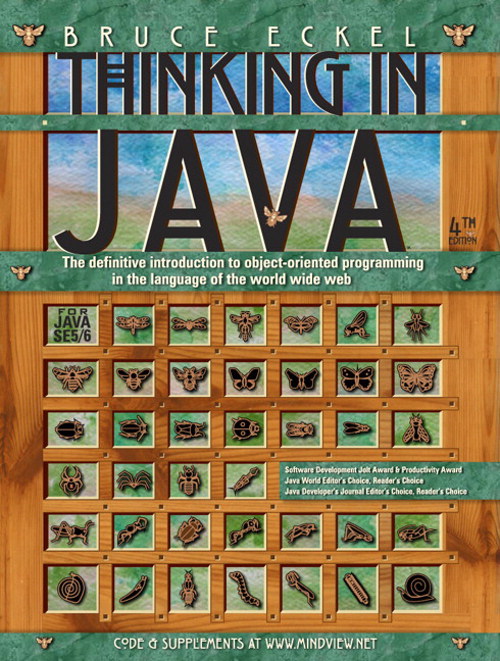 Book cover for Bruce Eckel's Thinking in Java, a guide to object-oriented programming, with a wood-framed background and butterfly motifs.