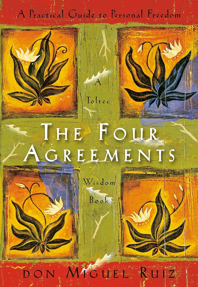 Book cover for The Four Agreements by Don Miguel Ruiz, featuring a colorful cross motif with orange, green, and blue panels.