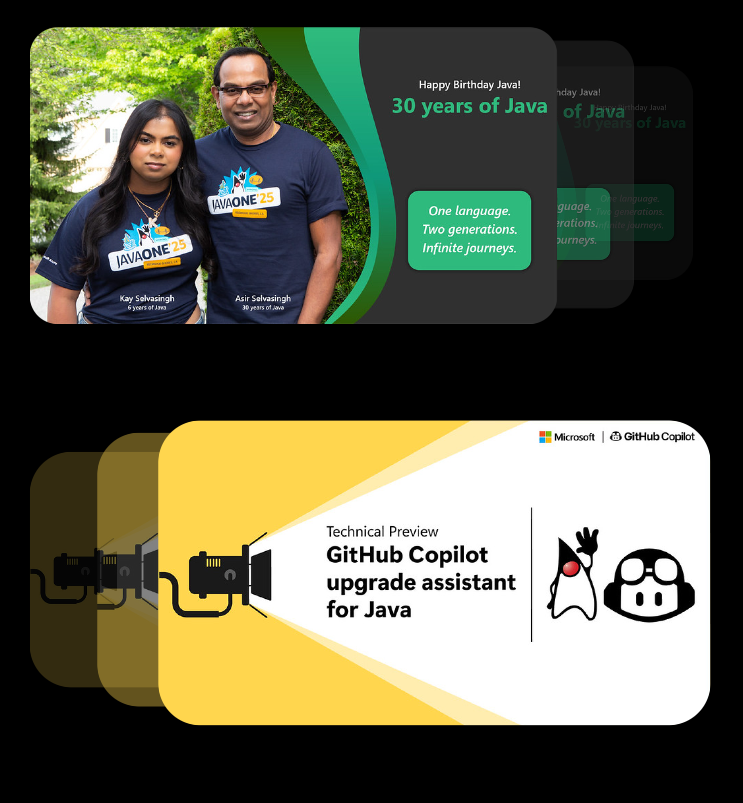 Stacked presentation slides: top slide shows two people wearing Java anniversary shirts with '30 years of Java' text and green curved graphics on a dark background; bottom slide shows a yellow-and-white design announcing 'Technical Preview GitHub Copilot upgrade assistant for Java' with logos.
