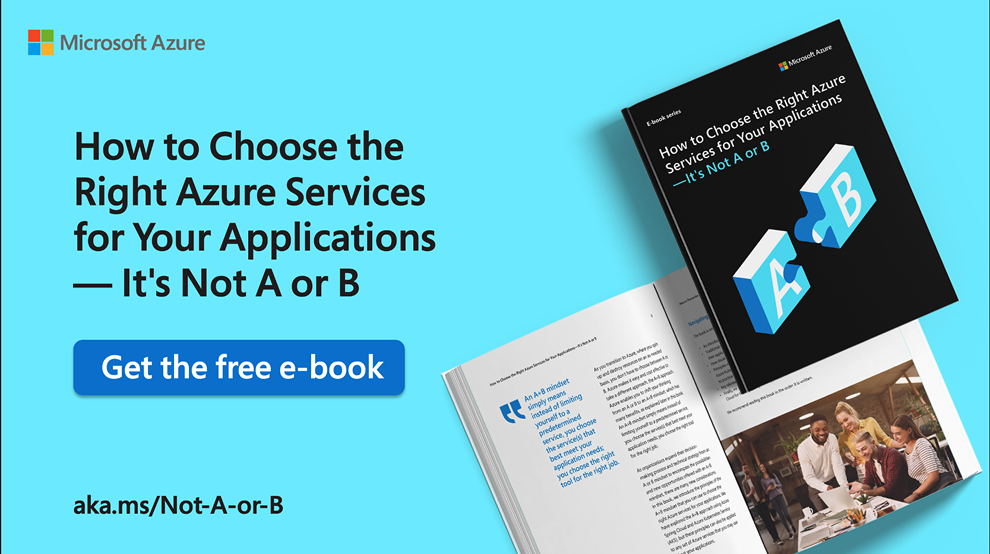 Azure promotional banner on a blue background showing a tilted e-book cover and open pages, with the headline about choosing Azure services and a blue 'Get the free e-book' button.