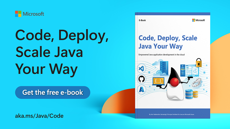 Microsoft promotional banner advertising a free e-book: 'Code, Deploy, Scale Java Your Way' with a blue gradient background and a prominent 'Get the free e-book' CTA button on the left; book cover shown on the right.