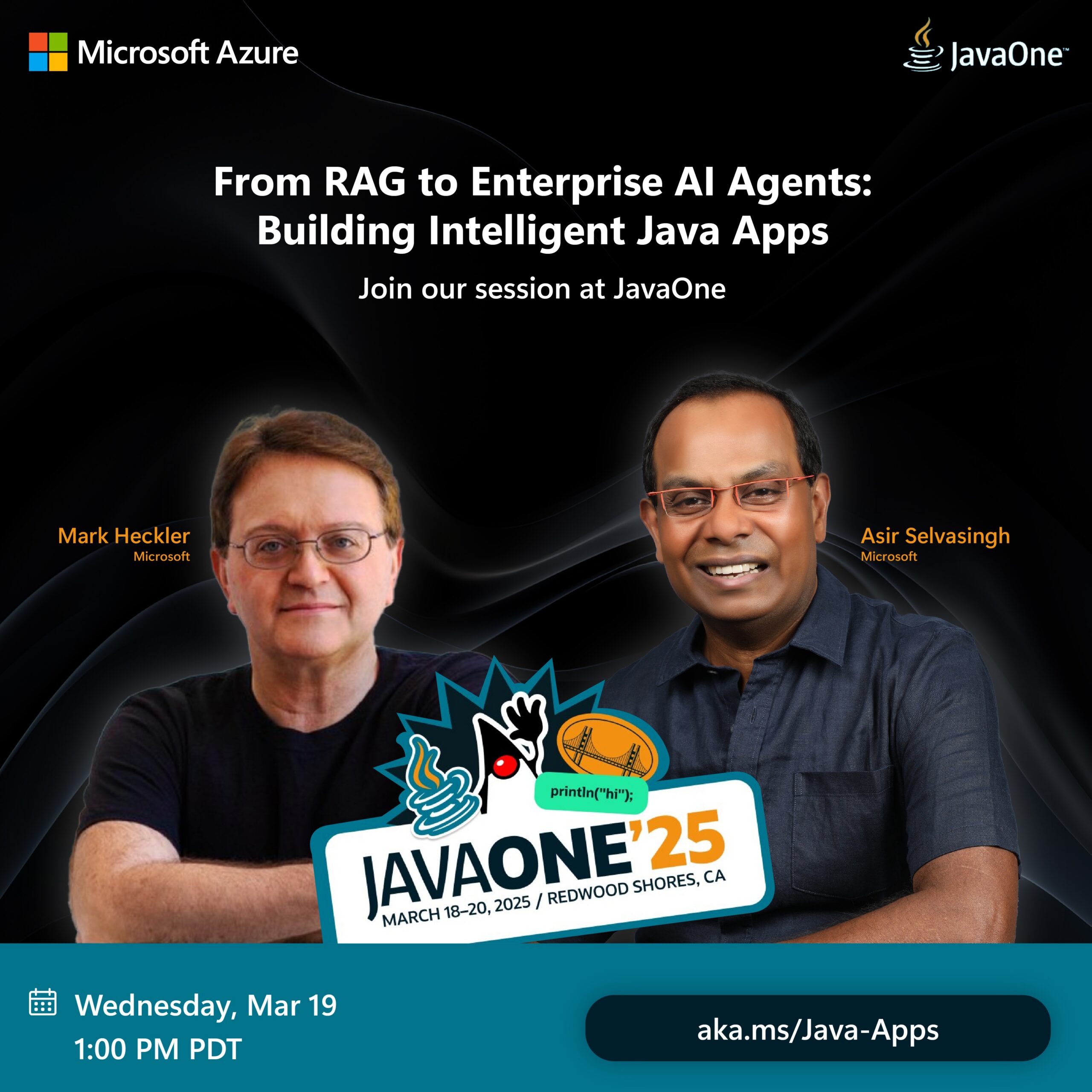 Conference banner for JavaOne: 'From RAG to Enterprise AI Agents: Building Intelligent Java Apps' with Azure and JavaOne logos and two speaker heads visible.
