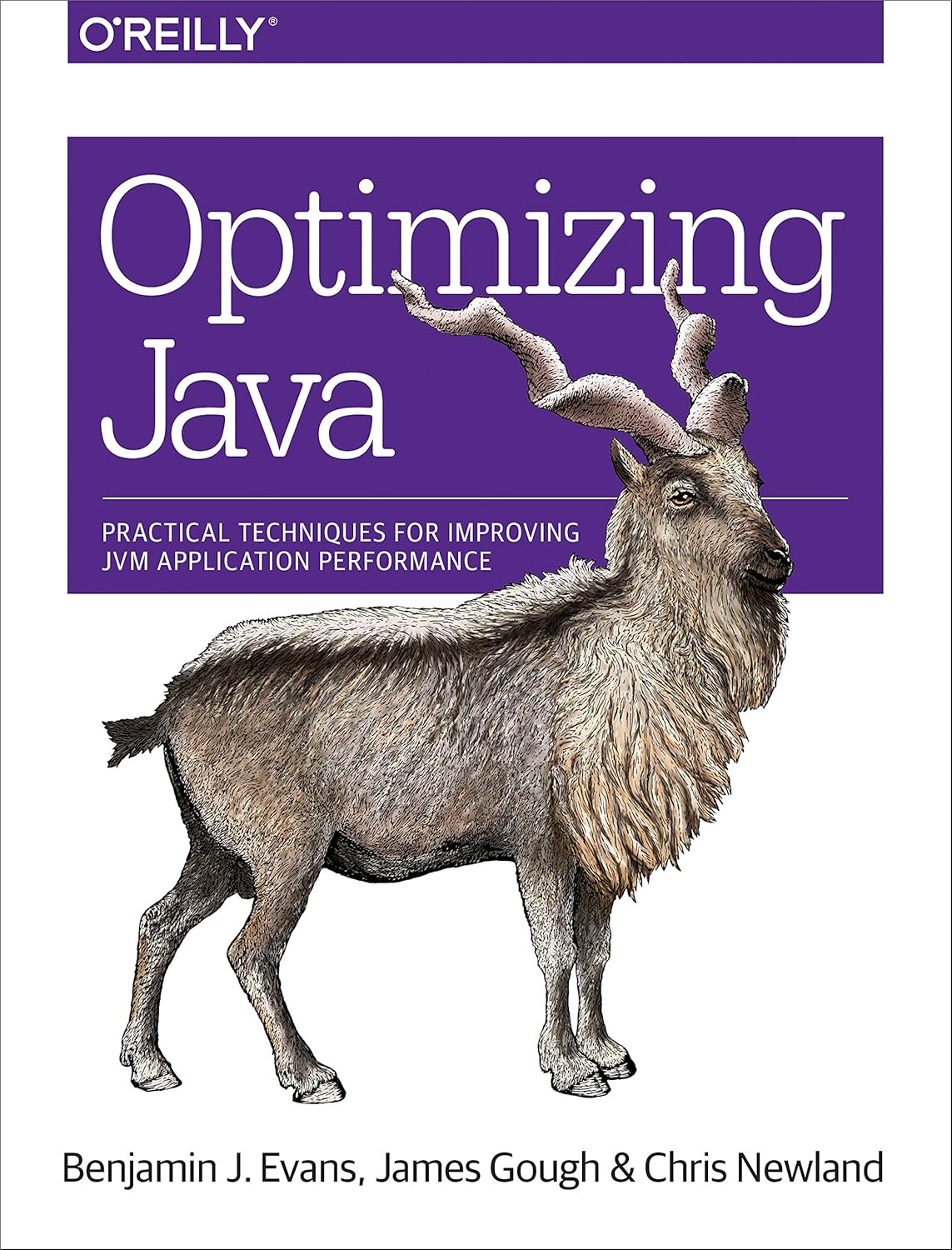 Book cover for 'Optimizing Java' with a purple title panel and a deer illustration; authors Evans, Gough, and Newland.