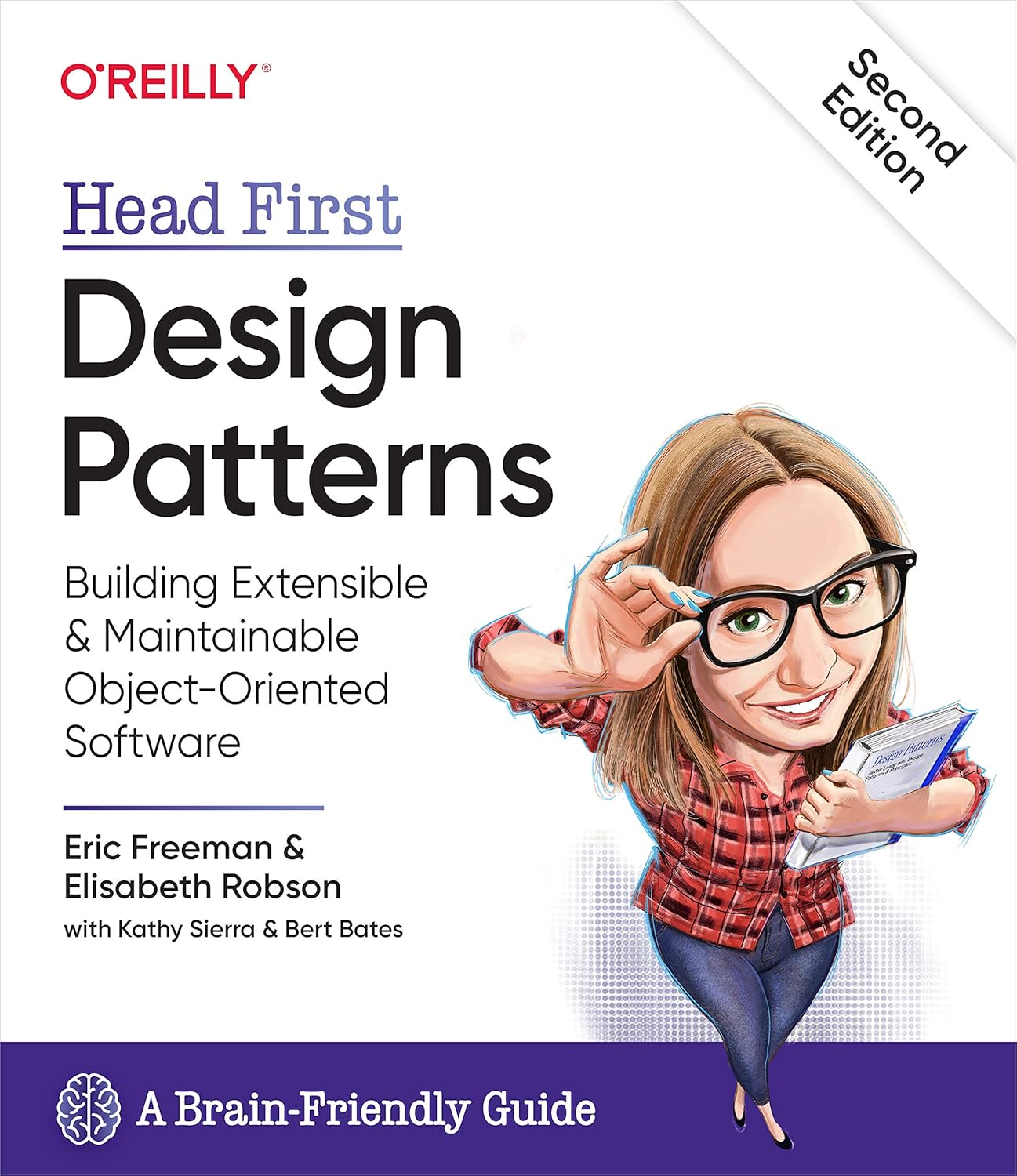 Book cover for Head First Design Patterns, Second Edition, with a cartoon woman holding glasses and a book on design patterns by O'Reilly